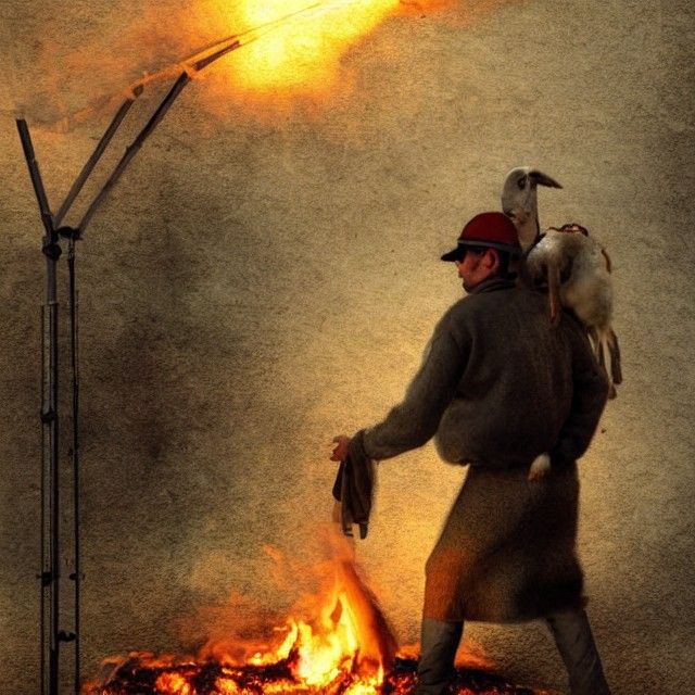 A man carrying a sheep on his shoulders stares at a fire burning on a tripod. wicca, occult, eerie, autumn, creepy, dark...