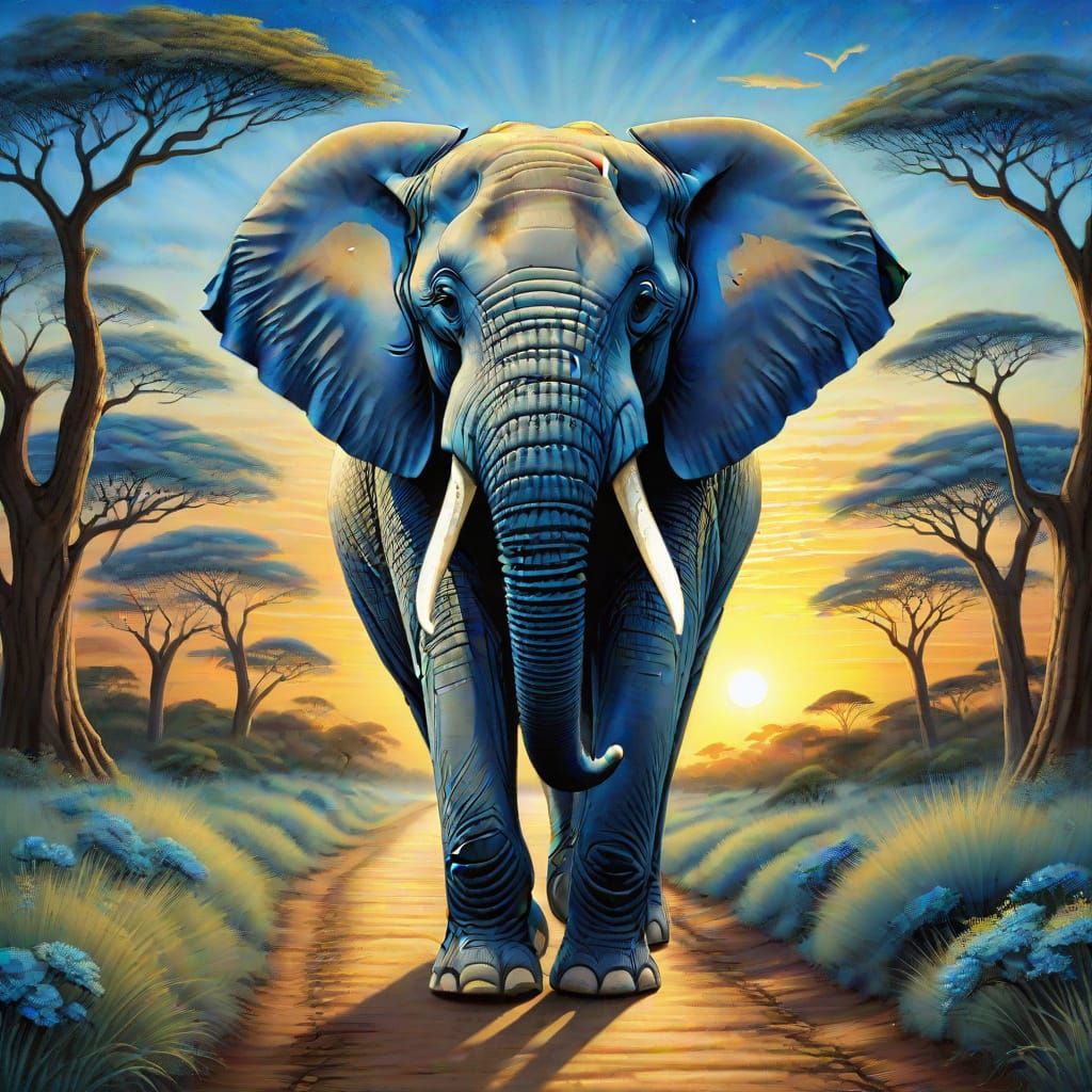 Sapphire Blue Elephant Strolls through African Savanna Lands...