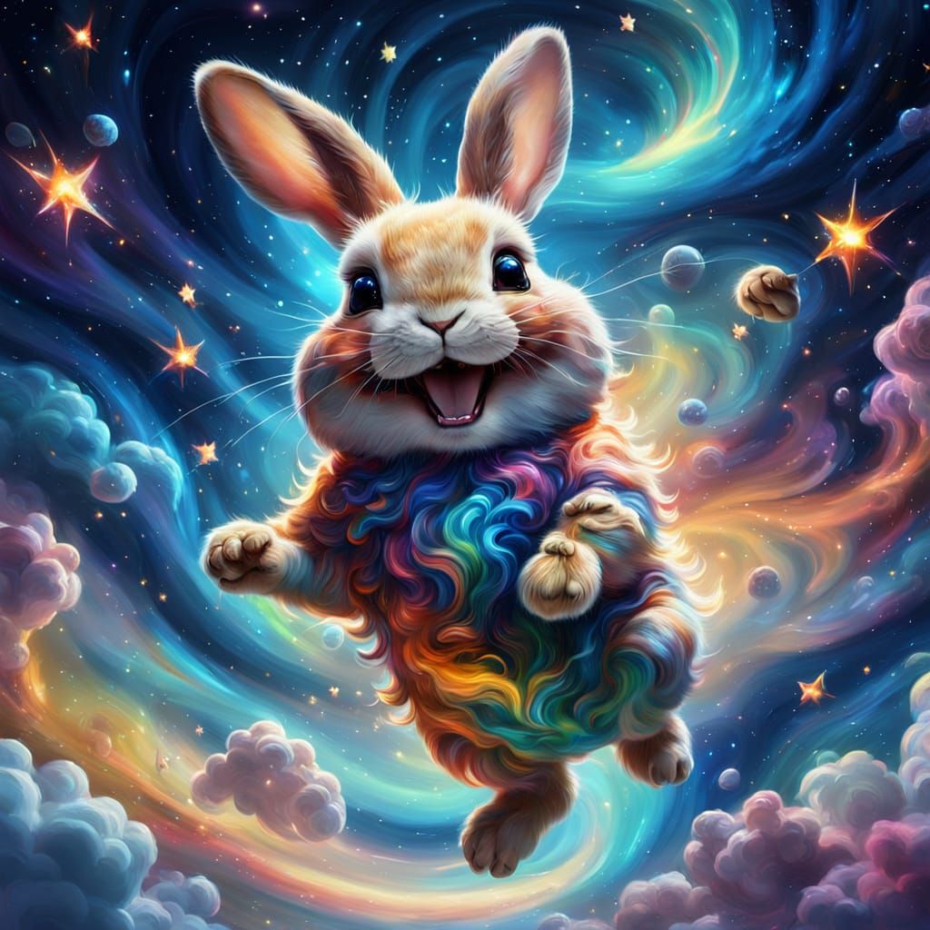Laughing Bunny Floats in Space: Surreal Oil Painting