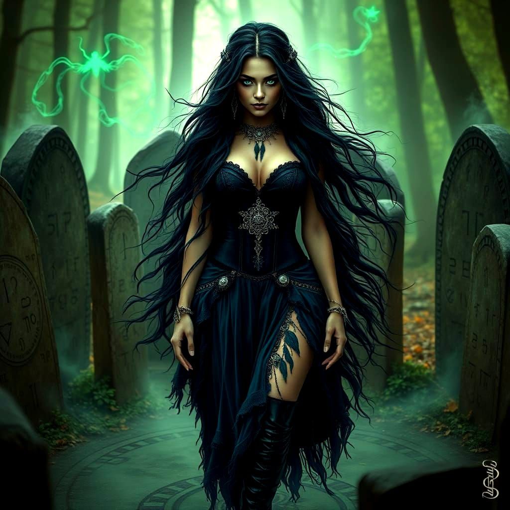 Forest Witch Casting Spell in Bioluminescent Grotto