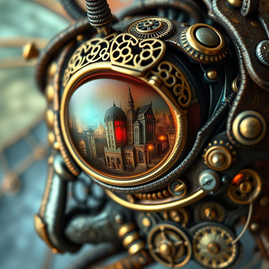 Steampunk Dragonfly Eye Reflects Miniature Cityscape