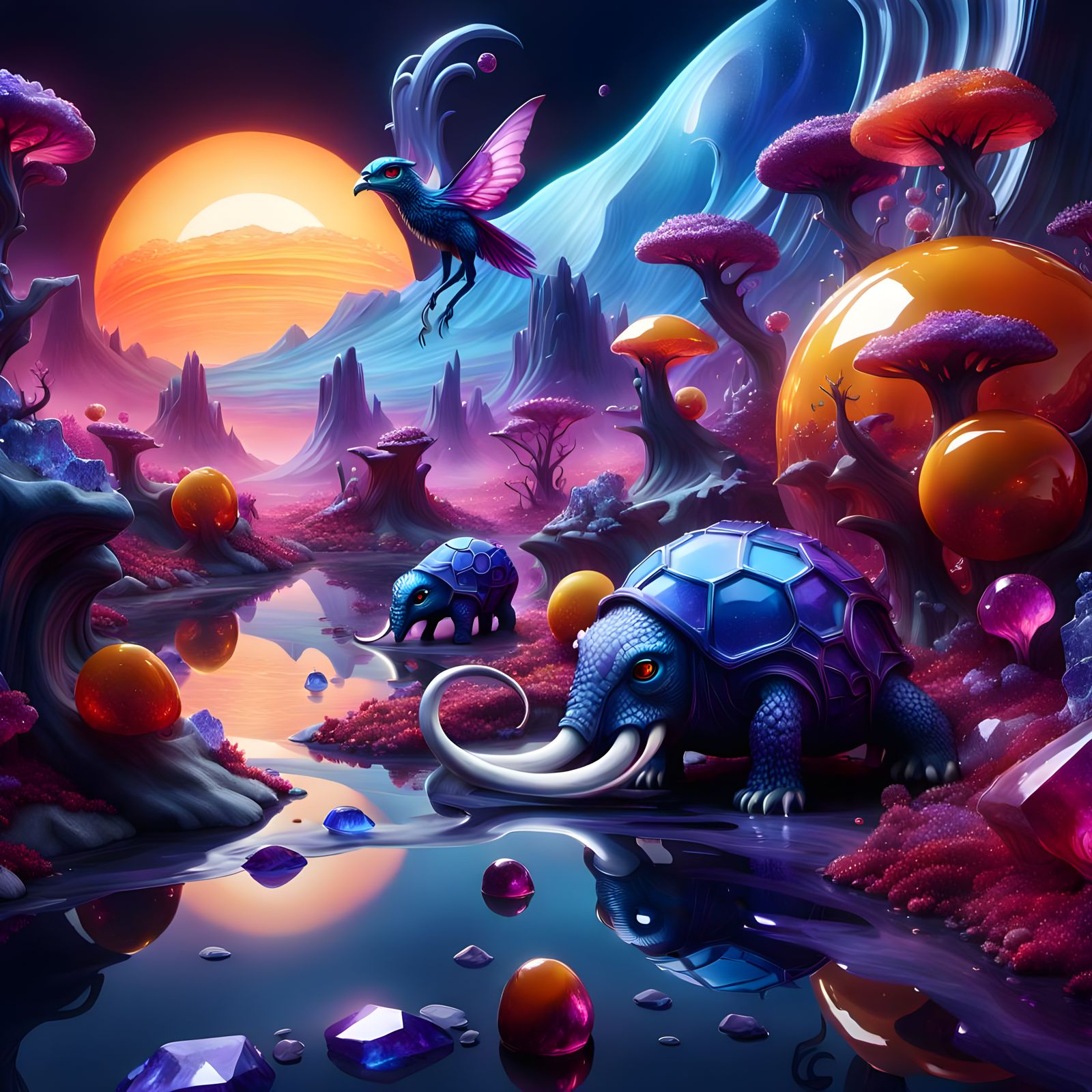 Surreal Fantasy Creatures in Vibrant Geode Colors
