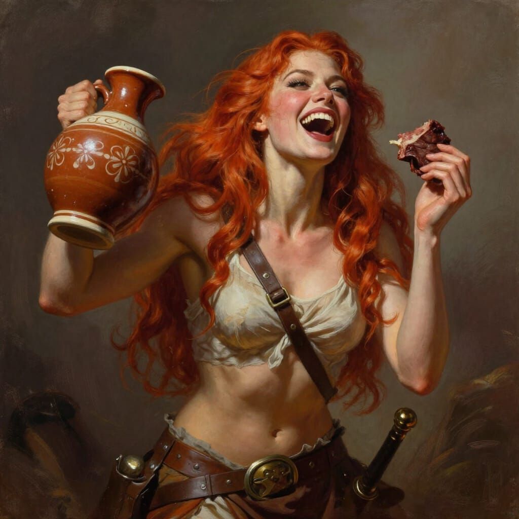 Warrior Woman with Mead and Meat, Joyful Laughter