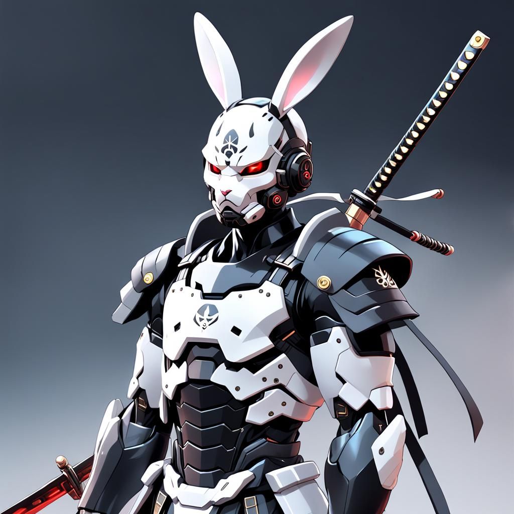 Cyborg Samurai Bunny in Oni Mask: 3D Anime Art