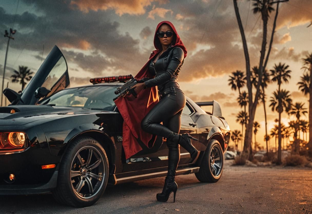 Dramatic Vigilante Woman with Gun in Cinematic Sunset