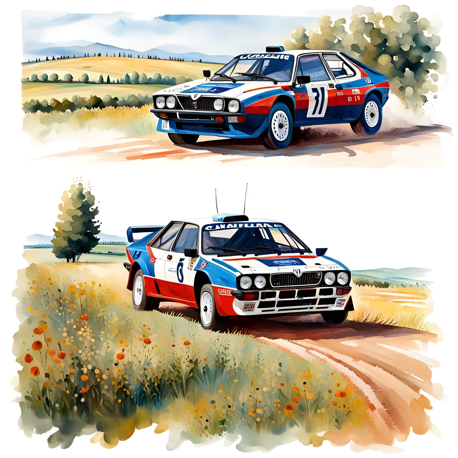 Lancia Racing in Italian Countryside, Gouache Watercolor