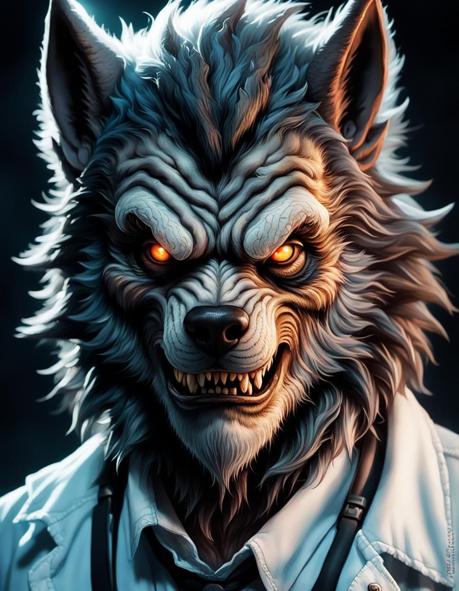 Glowing Werewolf Scientist in Sinister Liquid Background