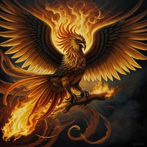 Phoenix Rising: A Baroque Oil Painting in Golden Hues