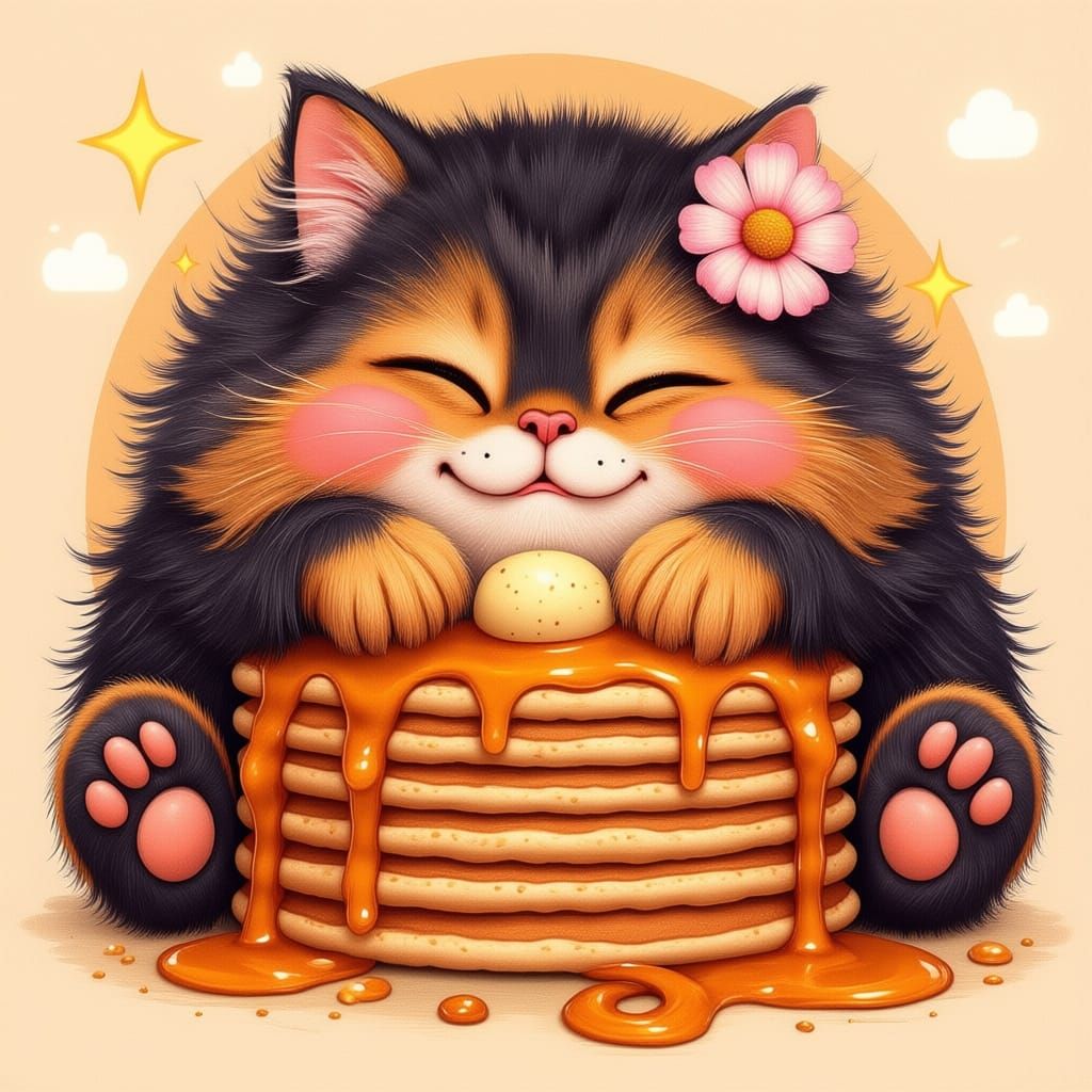 Fluffy Cat Relaxing on a Syrup-Covered Pancake