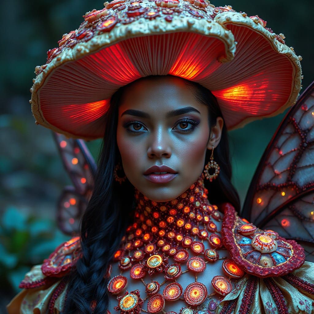 Amanita, Forest Queen, with Mushroom Cap Headpiece & Stem Dress.🍄
