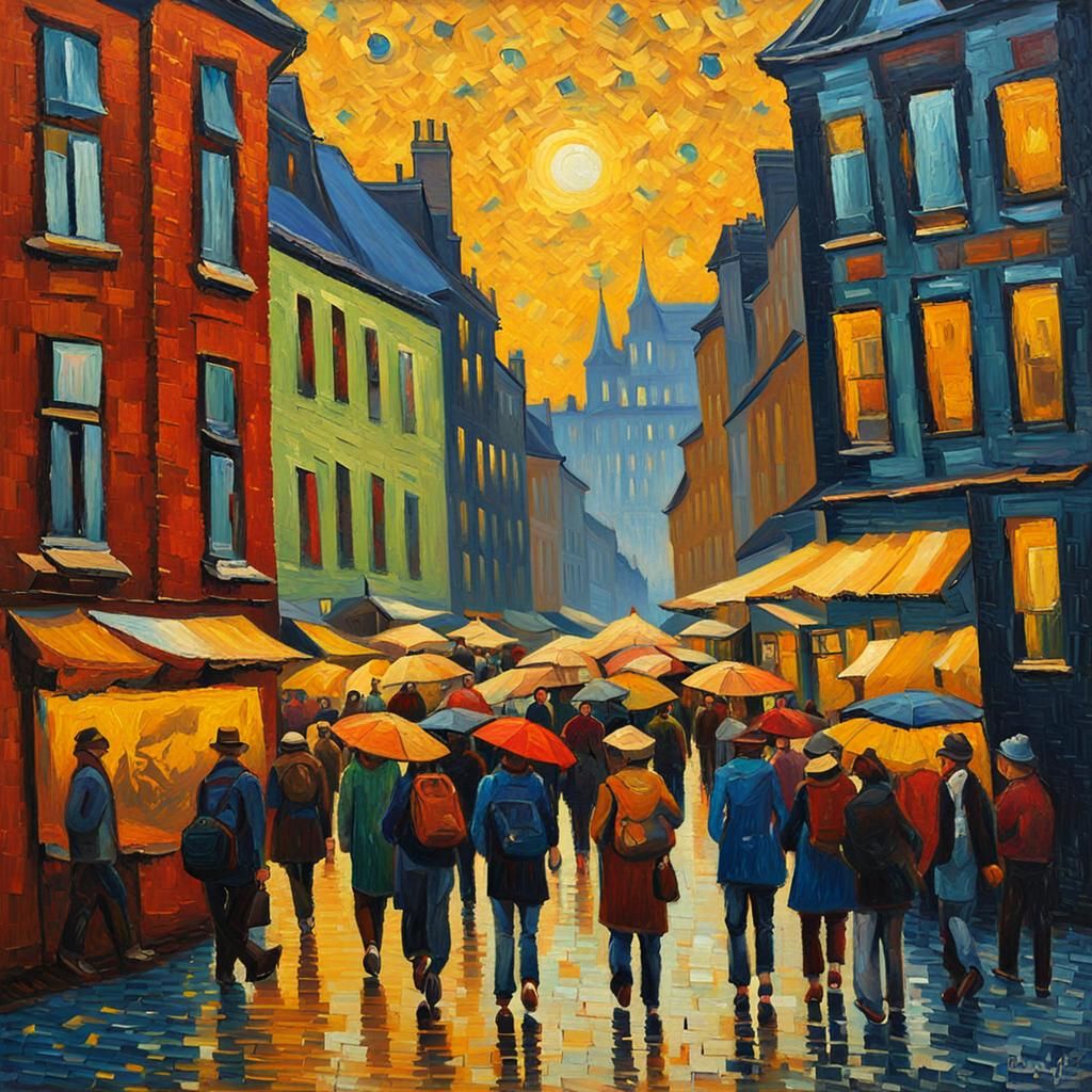 Belgian Street Scene in Expressionist Oil Painting Style
