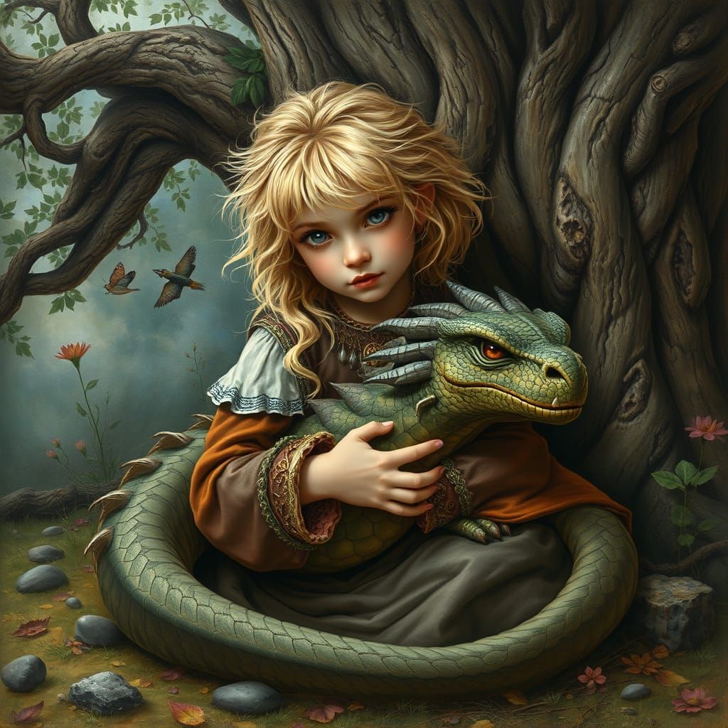 Scottish Girl Cradles Dragon in Fauvist Style