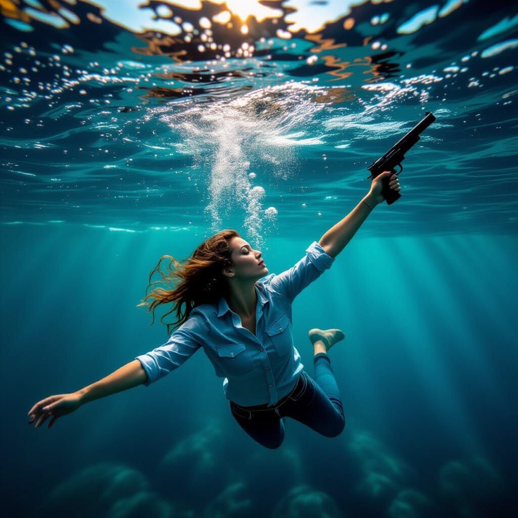Woman Submerged Holding Gun in Dark River