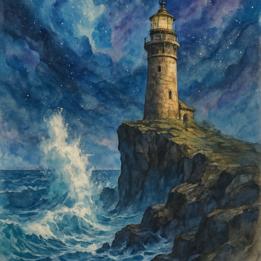 Ancient Lighthouse on Starry Cliff Overlooking Stormy Sea