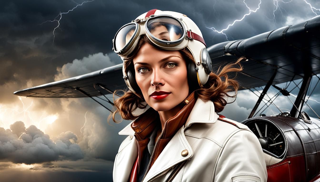 Vintage Aviatrix in Stormy Night Sky, Hyperrealistic Art