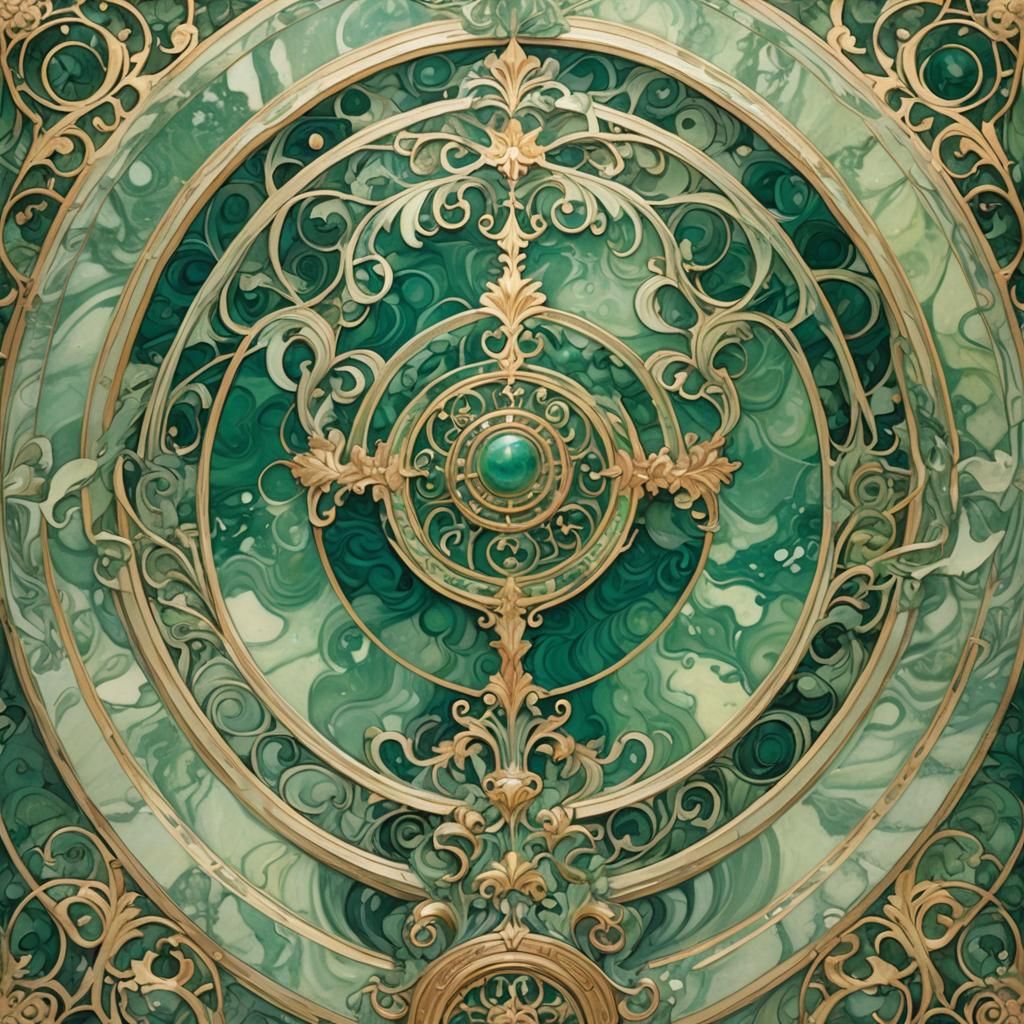 Ornate Green Marble on Pedestal in Gouache Style