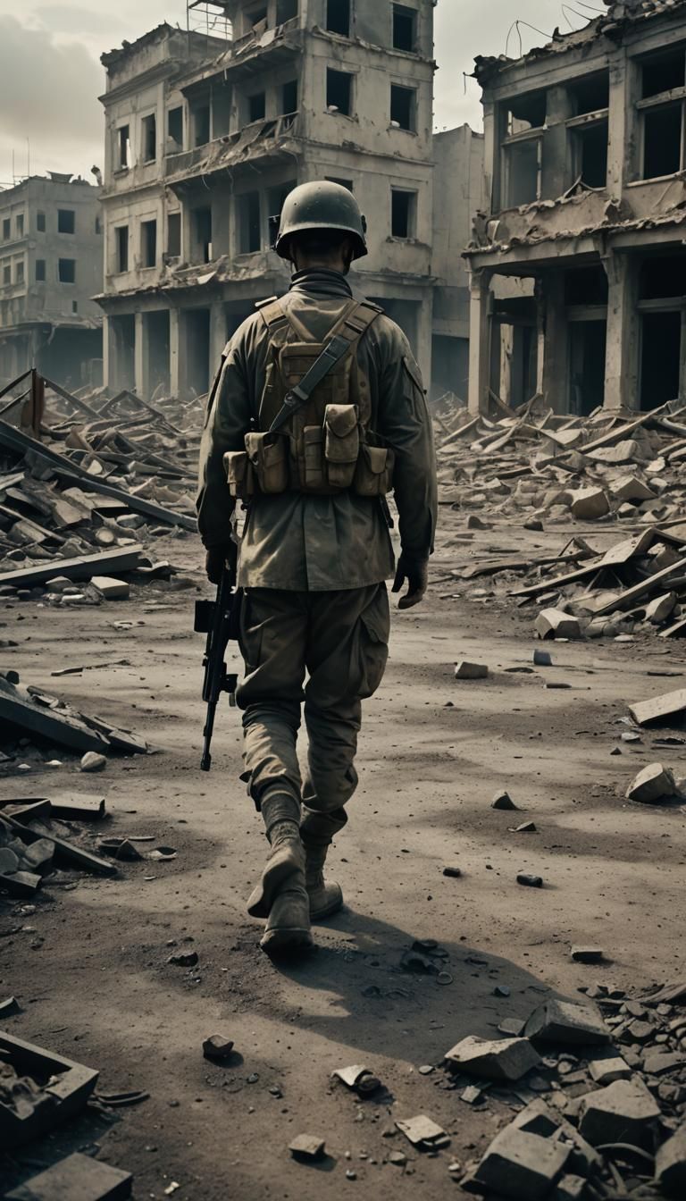 War-Torn Cityscape: Soldier in Aftermath of Destruction