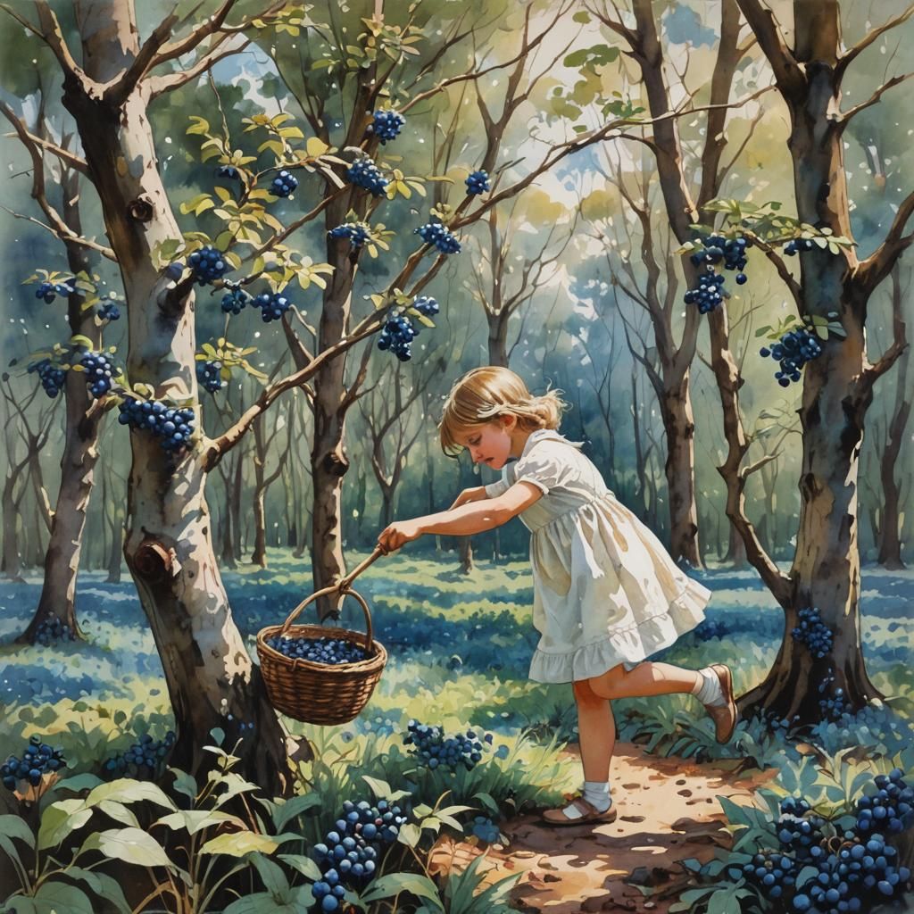 Girl Picking Blueberries: Watercolor Painting