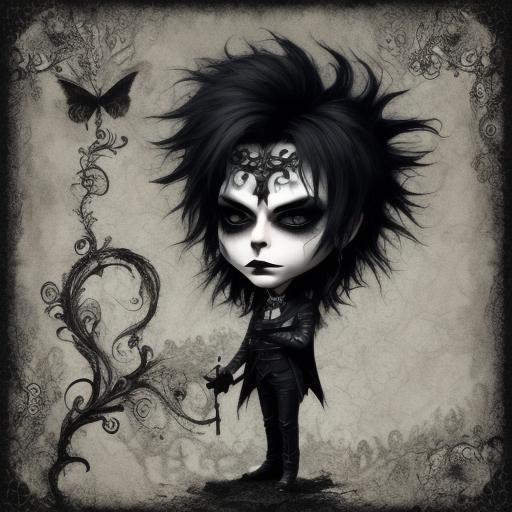 Whimsical Chibi Goth Boy in Dark Fantasy Style