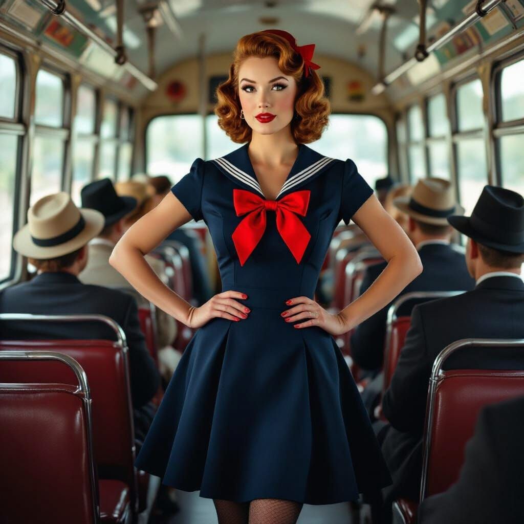 Glamorous 1950s Pin-Up Woman on Vintage Bus
