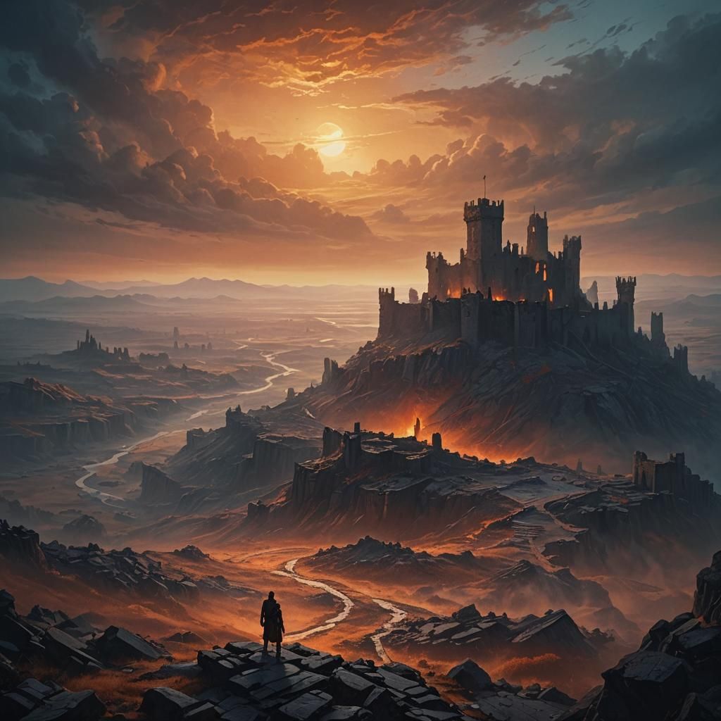 Dark Fantasy Fortress in Wasteland Landscape
