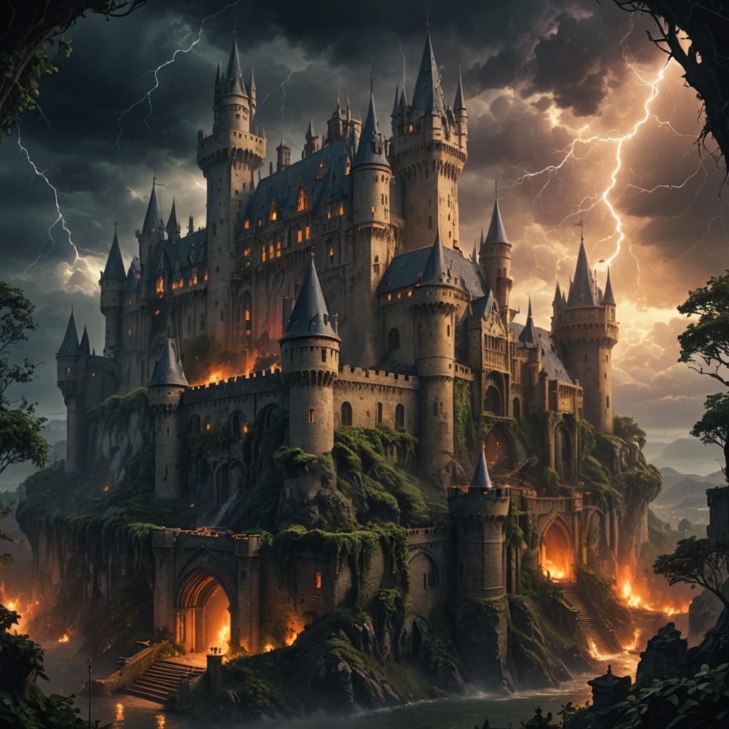 Epic Fantasy Castle Under Siege on Stormy Night