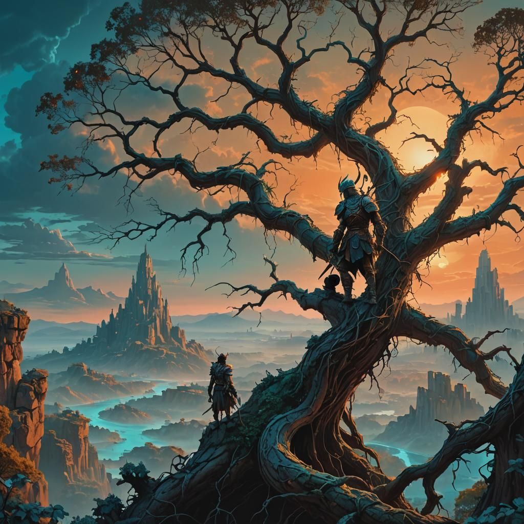 Warrior Overlooking Ruined Cityscape in Fantasy Landscape