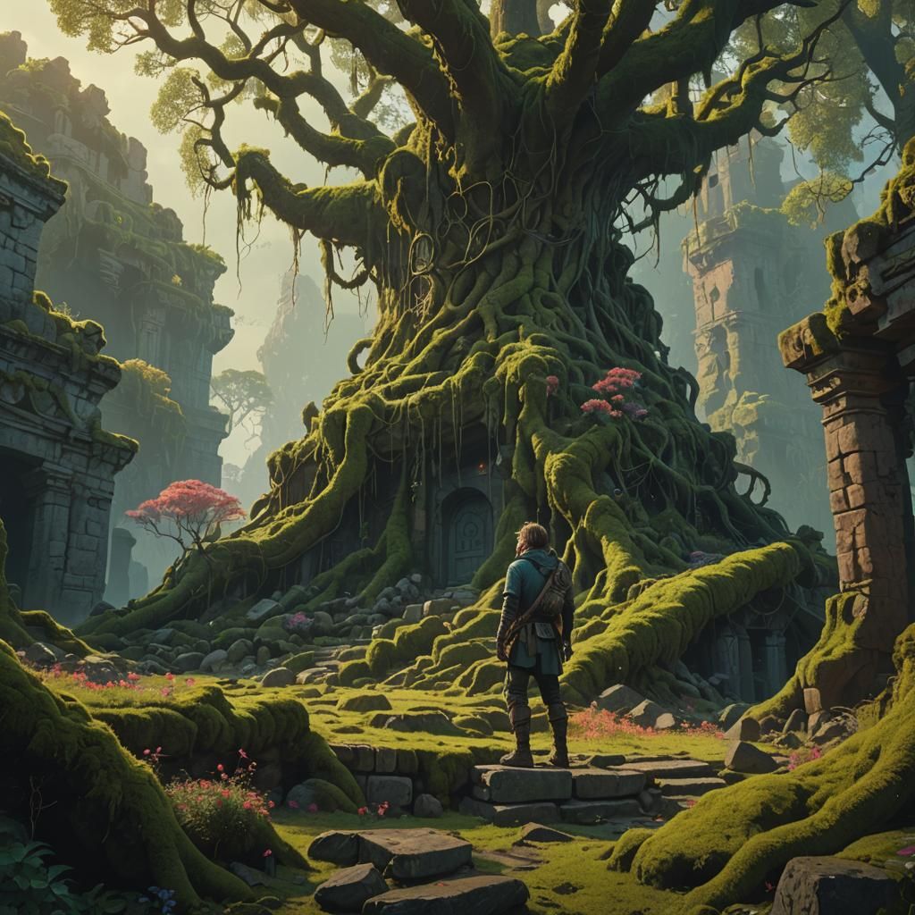 Warrior on Ancient Ruins in Ethereal Light