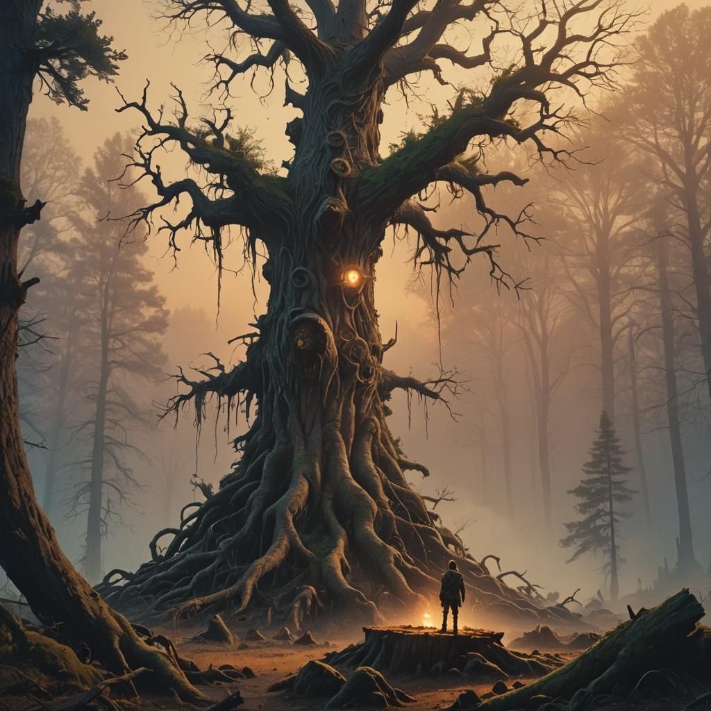 Mystical Warrior in Eerie Forest: Digital Matte Painting