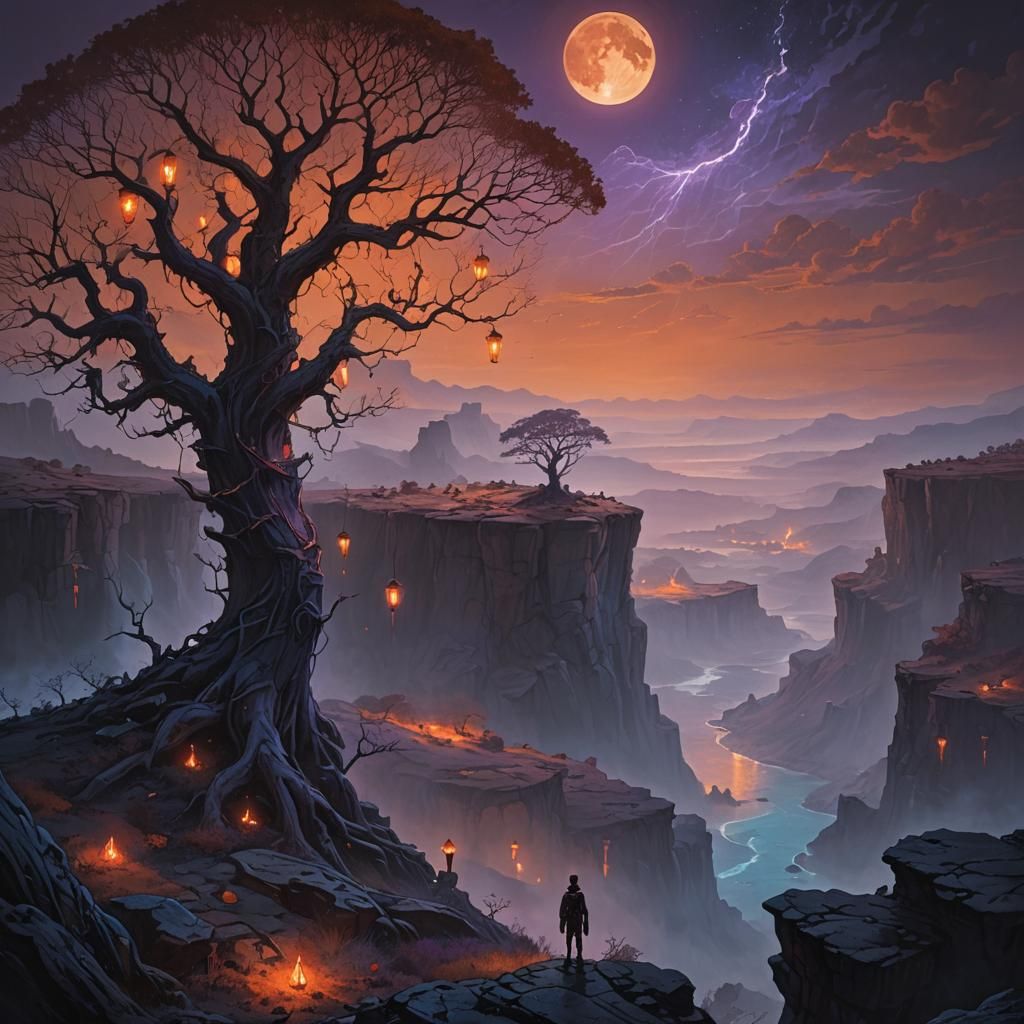 Ominous Dark Fantasy Landscape with Ancient Tree