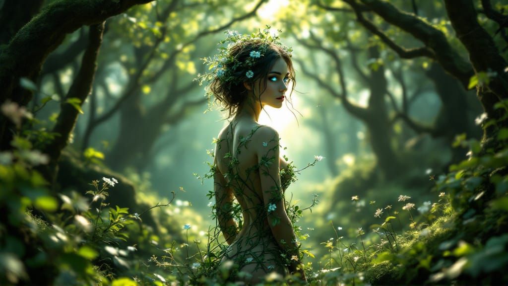 Figure Merged with Nature in Enchanted Forest