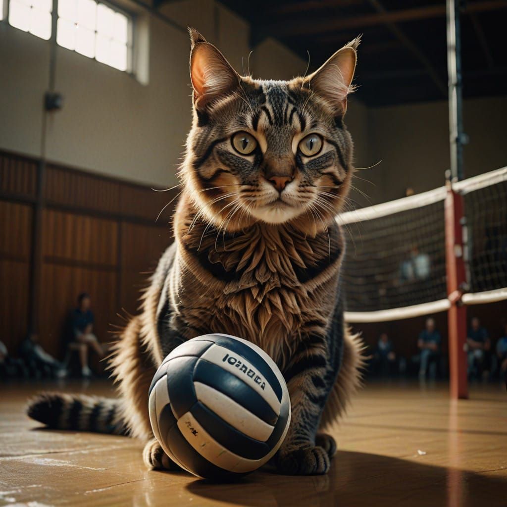 Majestic Cat Leaps with Volleyball in Cinematic Golden Light