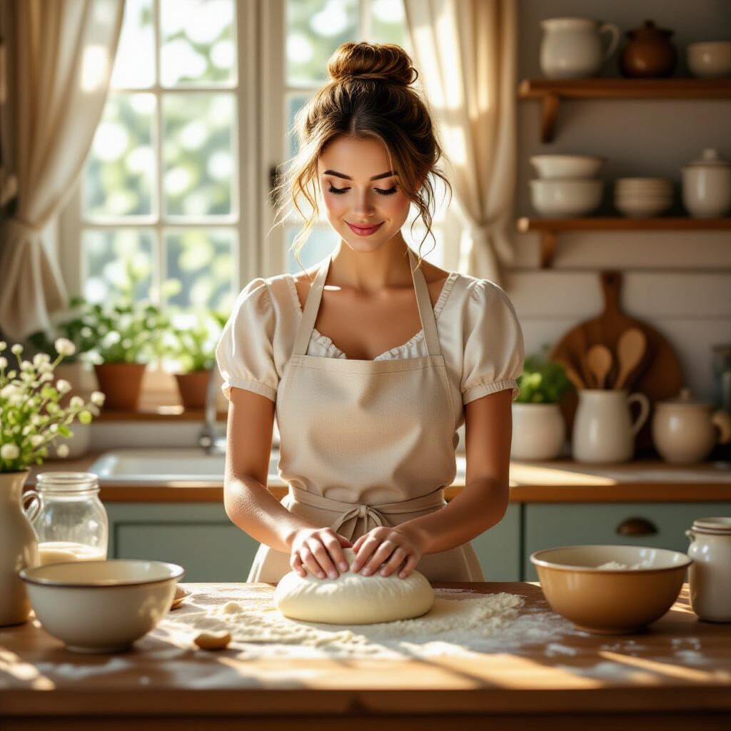 Tradwife in Cozy Kitchen: Hyperrealistic Digital Art