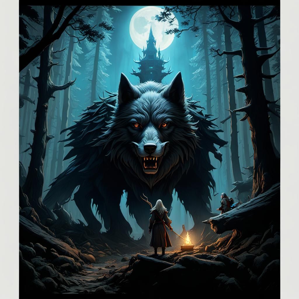 Baba Yaga Confronts Wolf Guardian in Enchanted Forest