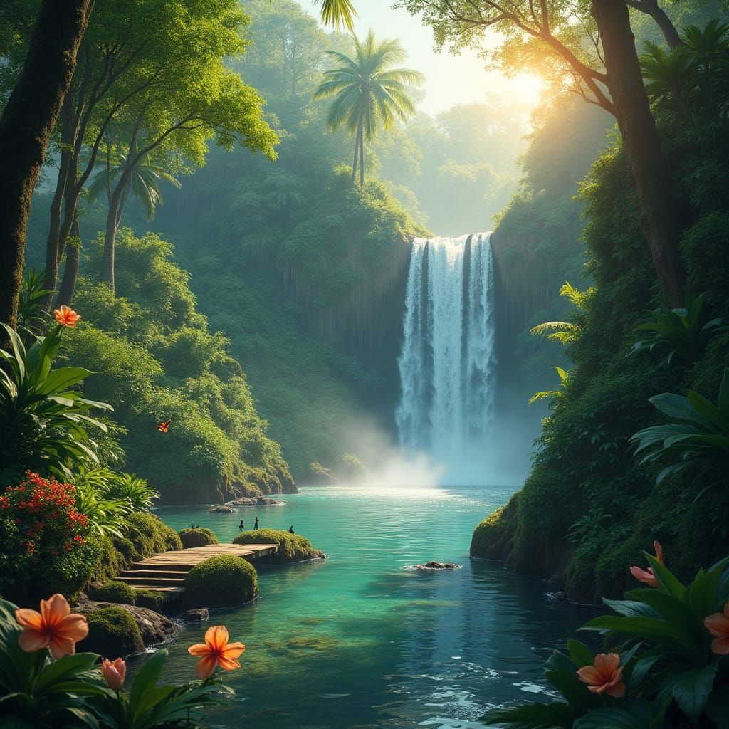 Tropical Rainforest Oasis with Breathtaking Waterfall in a W...