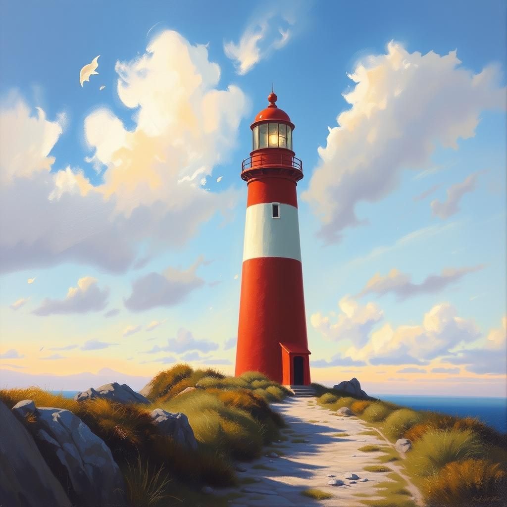 Lighthouse Guiding Ships: Oil Painting