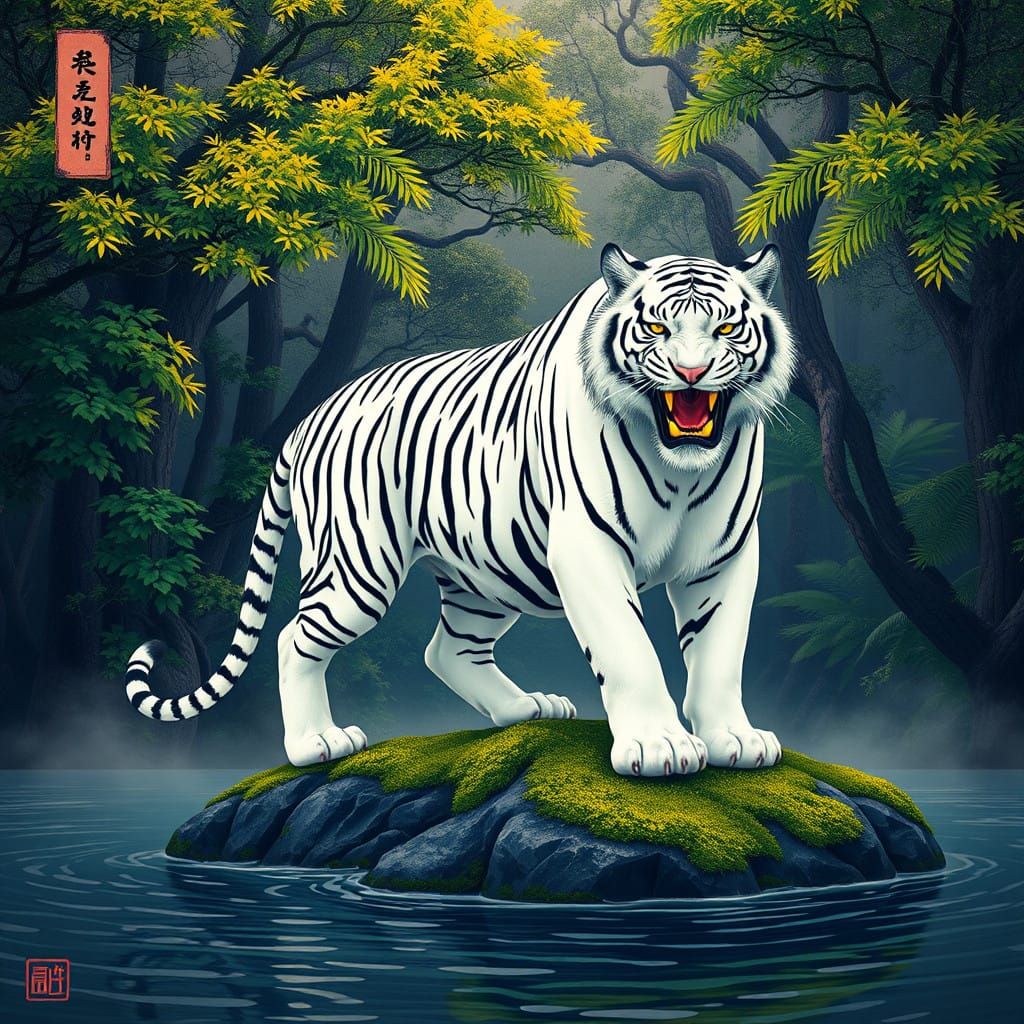 Majestic White Tiger in Japanese Woodcut Art