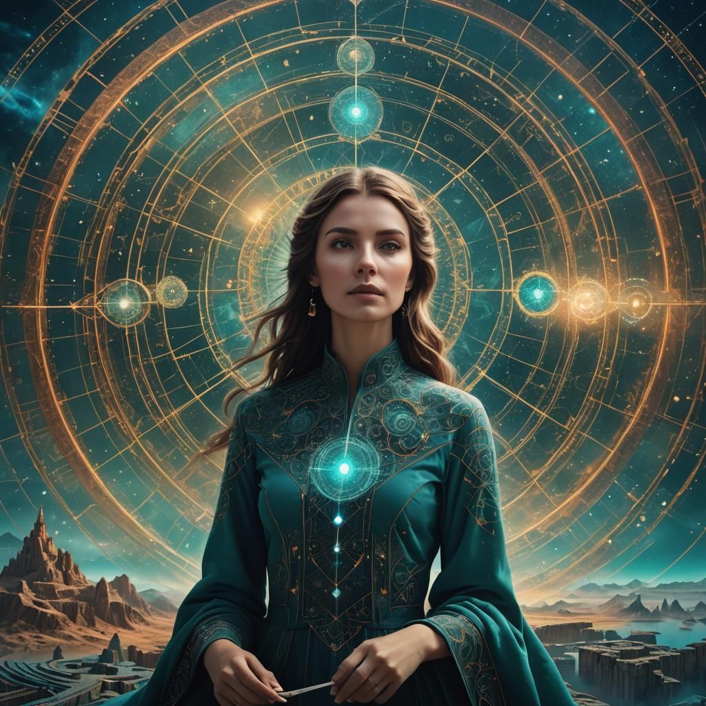 Celestial Woman Visualizing Complex Math Equations