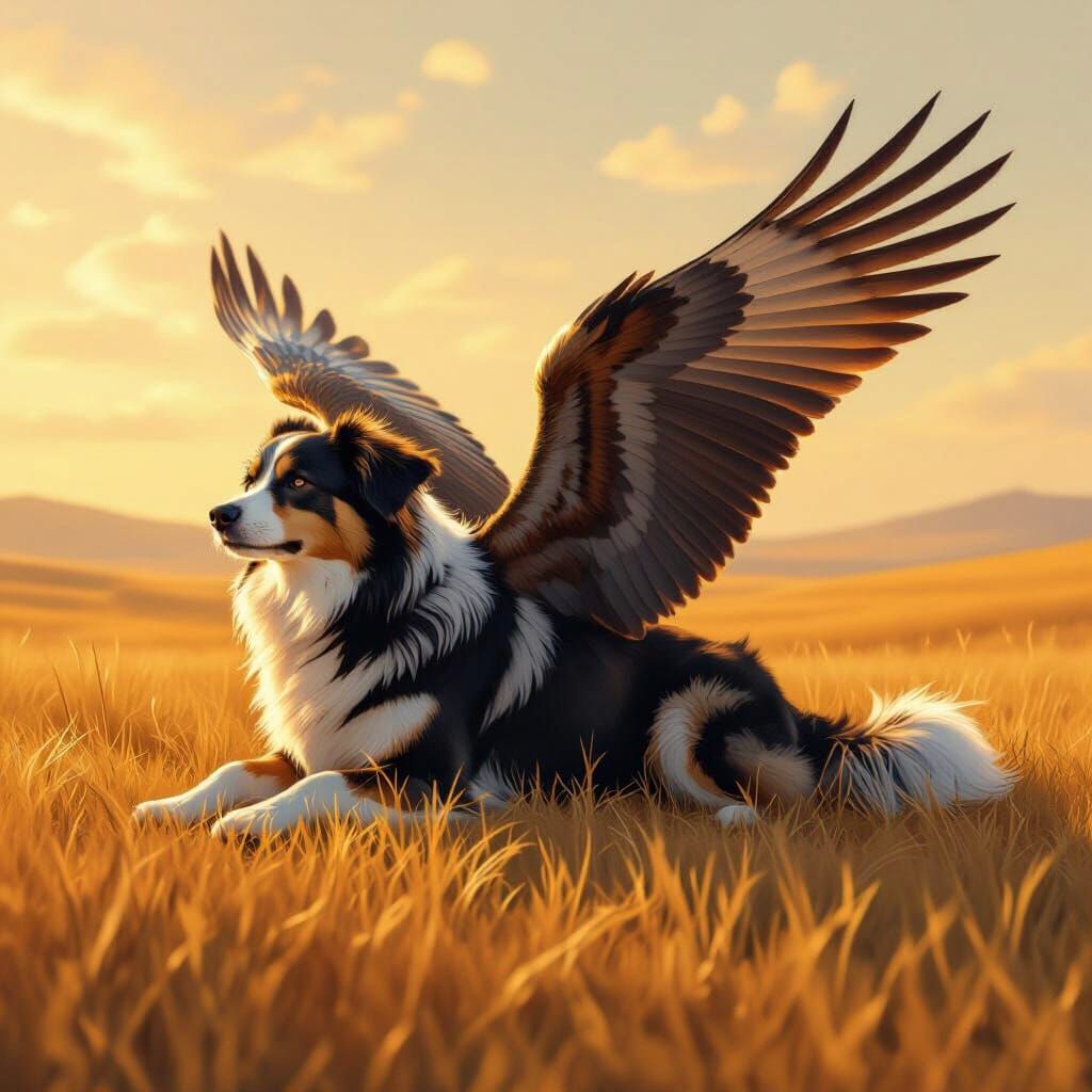 Dog with Eagle Wings in Golden Landscape