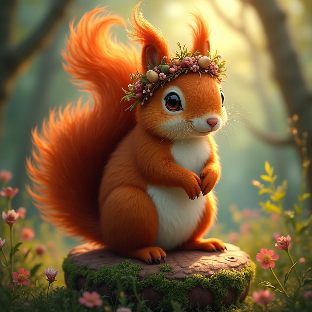 Regal Squirrel Queen on Mushroom Throne, Fantasy Art