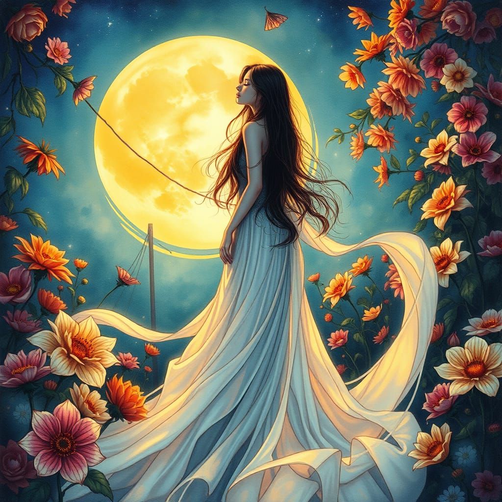 Mystical Woman in Ethereal Moonlit Garden Art