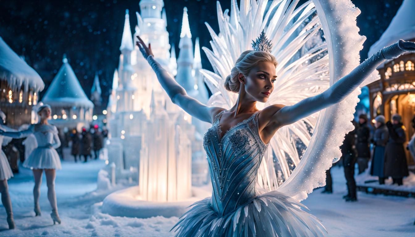 Ice ballerina in a winter ice village snowing under the moon...