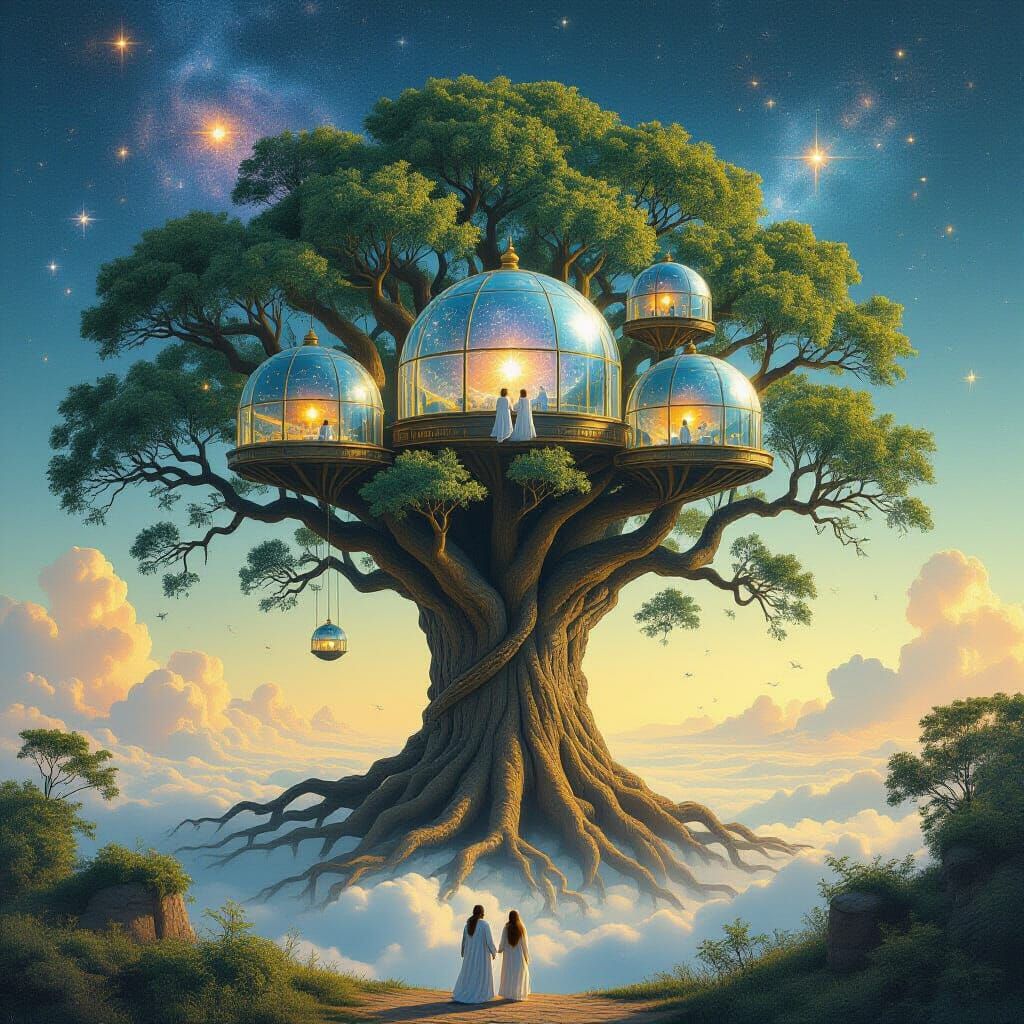 Cosmic Tree with Celestial Observatories, Surreal Dreamscape