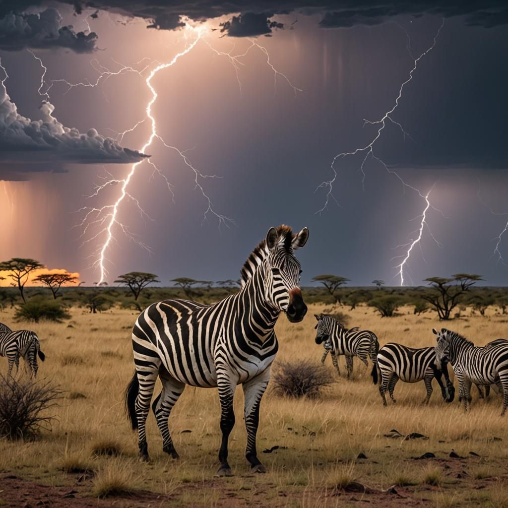 Zebra Grazing at Sunset with Approaching Storm