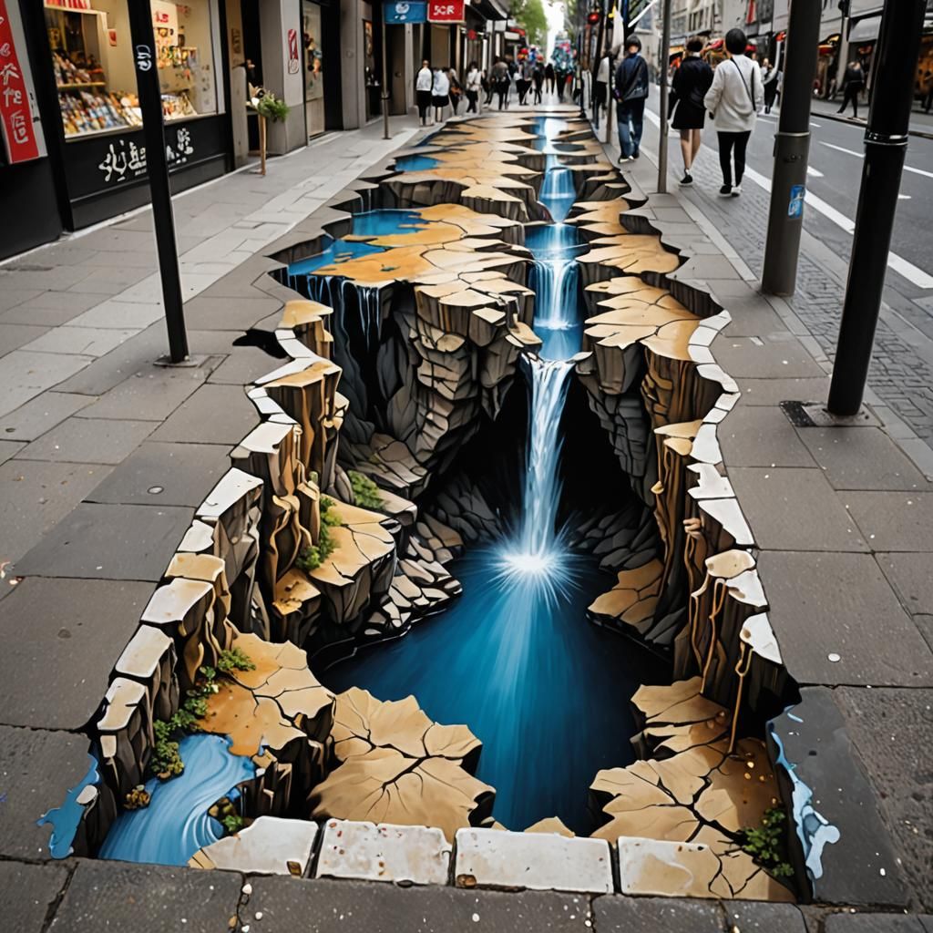 Trompe L'Oeil Sidewalk Painting of a Chasm