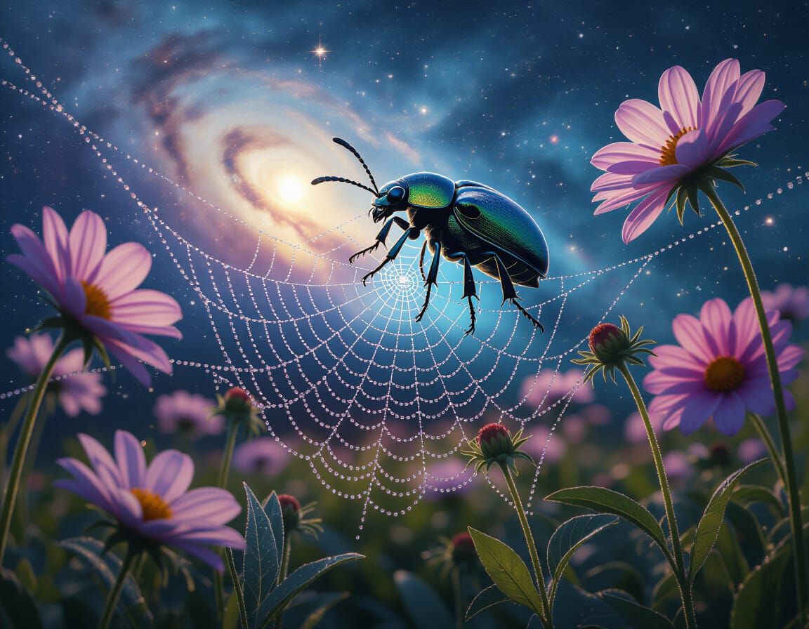 Giant Iridescent Beetle on Cosmic Spiderweb