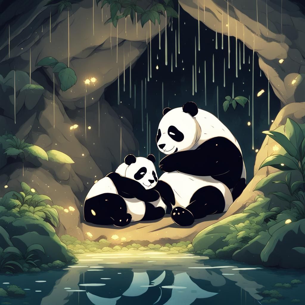 Pandas Sleeping in Rainy Jungle Cave: Anime Style