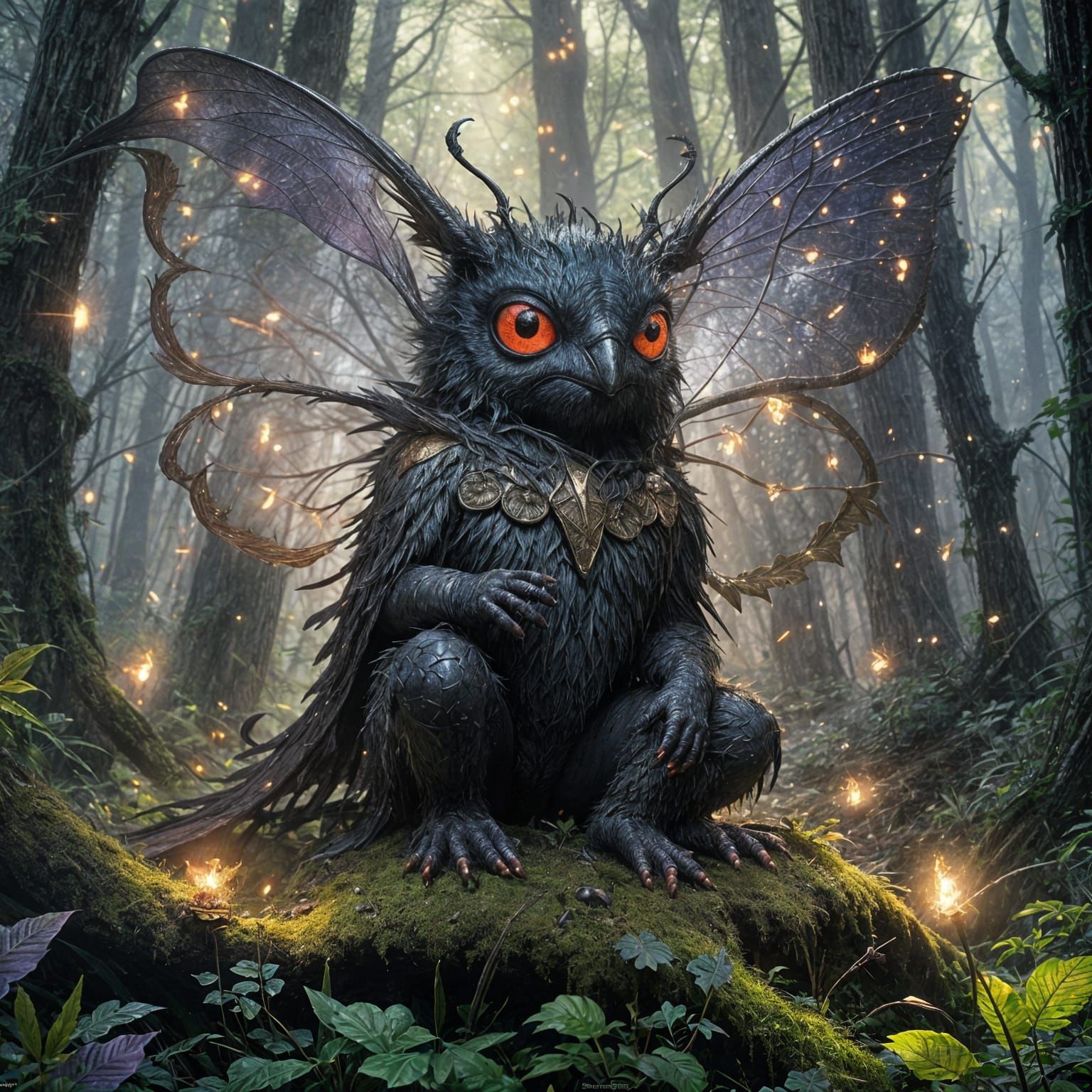 Hyperdetailed Baby Mothman in Forest, Dark Fantasy Art