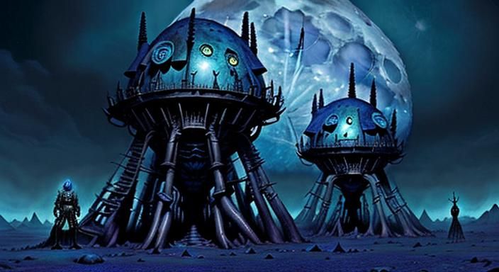 Epic Cosmic Dark Fantasy Landscape with Blue Moon