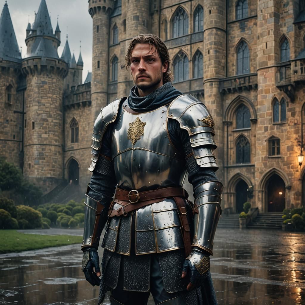 Regal Knight in Rain with Castle Backdrop